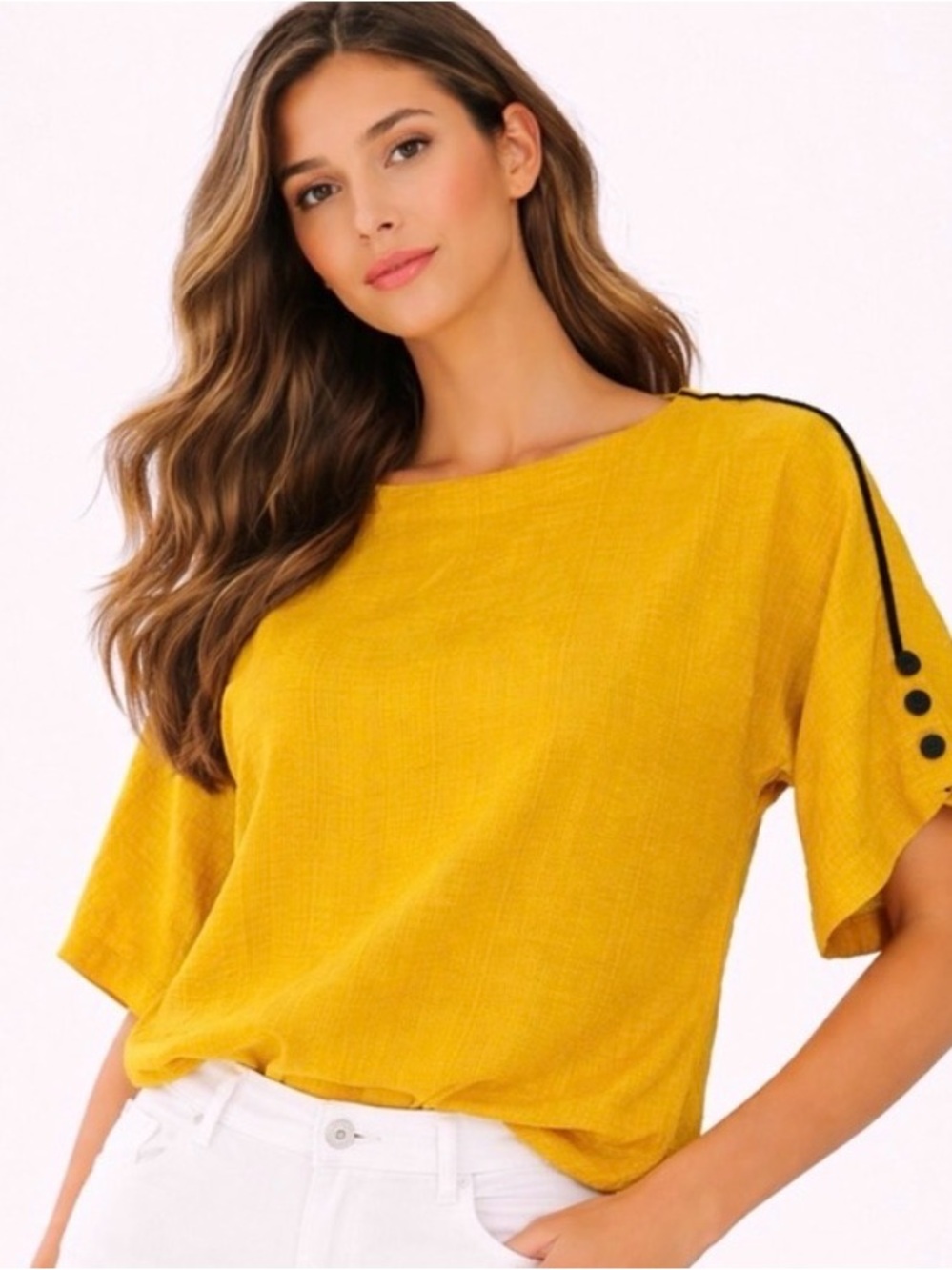 Fashion Mustard Yellow Textured Blouse women’s Size S Button Detail(A372)✨